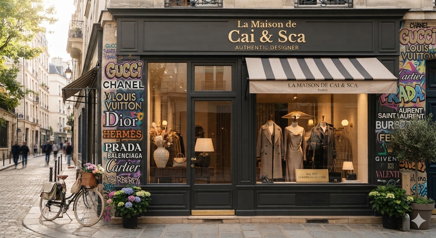The La Maison de Cai & Sca boutique on a Paris street corner at golden hour. Gold lettering across the charcoal facade reads La Maison de Cai & Sca, Authentic Designer. A striped awning shades a window of dressed mannequins, painted designer names cover the side wall, and a bicycle with a basket of flowers leans by the door.